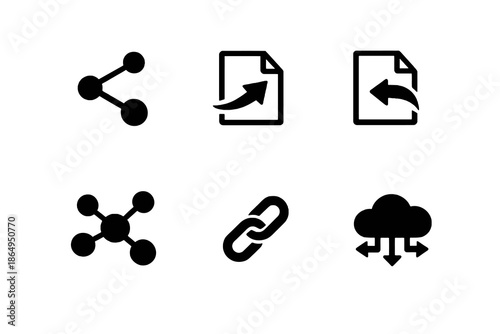 Data sharing and system integration icon set in black flat vector style. Clean connectivity symbols for software platforms, websites, and digital interfaces.