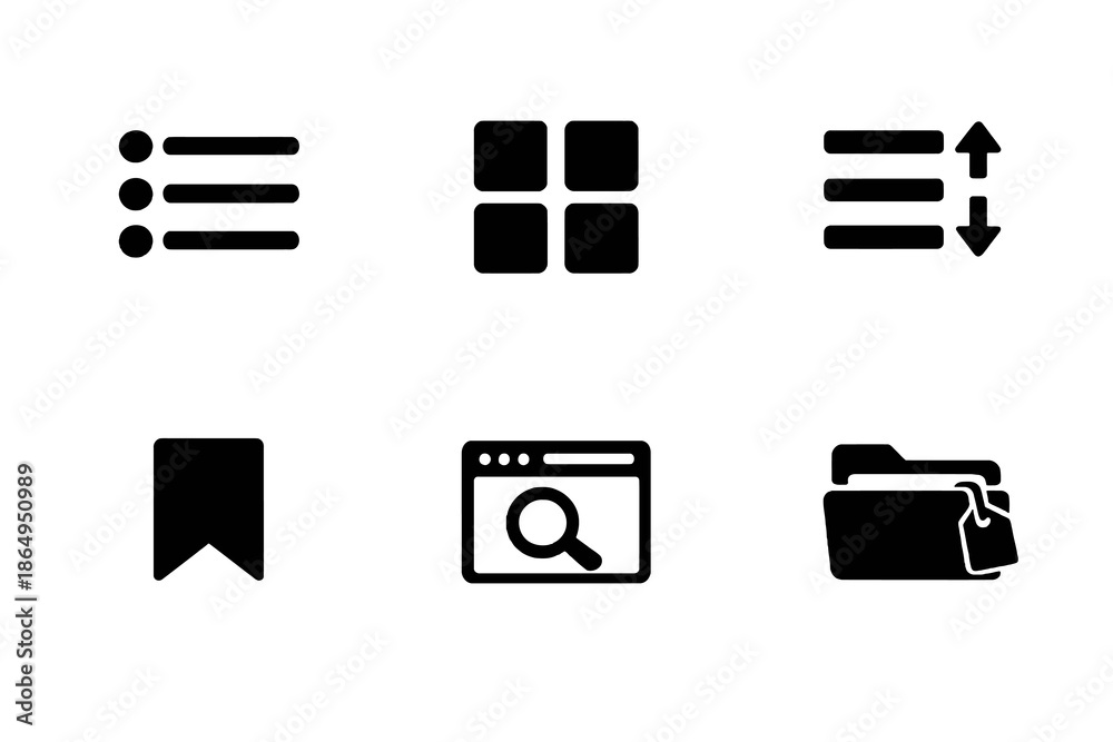 Fototapeta premium Content organization icon set with lists, grids, bookmarks, and search results. Black flat vector icons for apps, dashboards, and modern UI design.