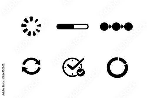 Progress and loading state icon set in black flat vector style. Clean symbols for software interfaces, mobile apps, and digital systems.