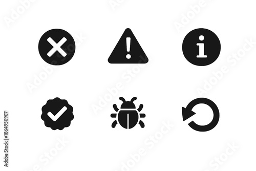 Error and system status icon set in black flat vector style. Clean feedback symbols for software platforms, mobile apps, and digital interfaces.