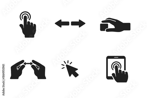 User interaction and gesture icon set with touch, swipe, and drag actions. Black flat vector icons for mobile apps, UX design, and interface guidelines.