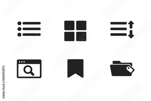 Lists and content management icon set in black flat vector style. Clean interface symbols for websites, software platforms, and digital systems.