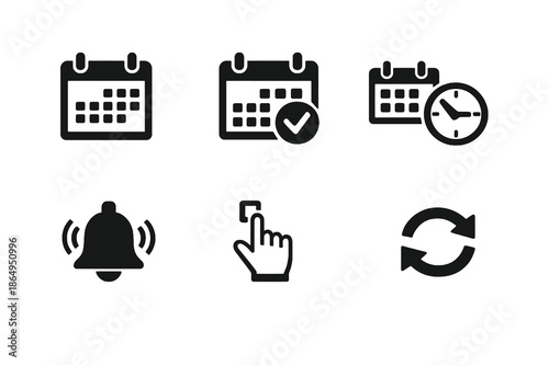 Calendar and scheduling icon set with events, reminders, and time planning symbols. Black flat vector icons for productivity apps, dashboards, and UI design.