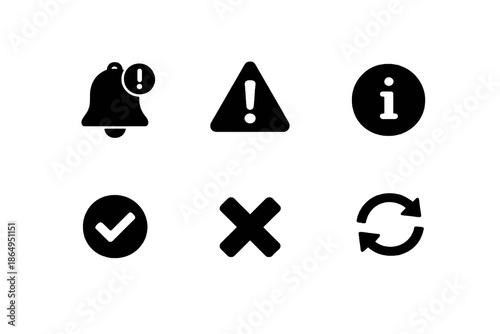 System alert and status icon set in black flat vector style. Clean UI symbols for mobile apps, software platforms, and digital interfaces.
