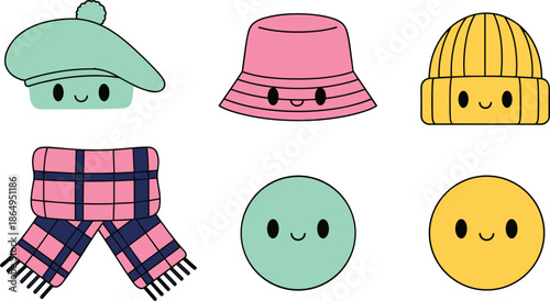 Cute kawaii winter accessories collection featuring mint beret , pink bucket hat , yellow beanie , plaid scarf , and smiling face characters on white background.