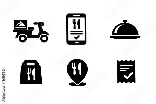 Food delivery icon set with ordering, restaurant service, and location symbols. Black flat vector icons for delivery apps, restaurant dashboards, and digital food platforms.