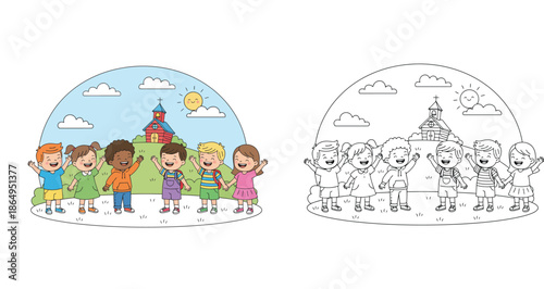Happy diverse children waving in front of a school building under a sunny sky with colored and black and white line art coloring page version for kids education and activity.