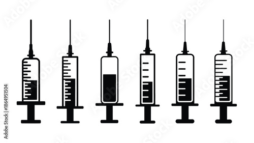 Multiple medical syringes with varying fluid levels isolated on white background, Vector, illustration