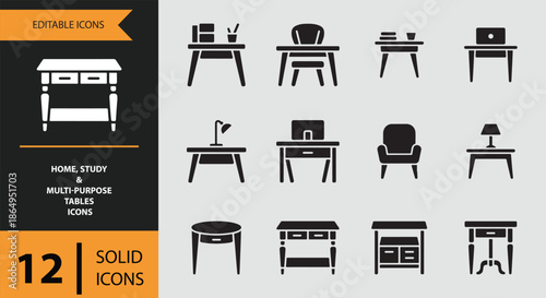 Collection of 12 solid editable icons featuring home, study, and multi-purpose tables and desks