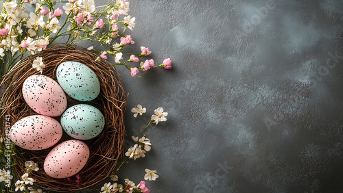 This image features spotted eggs in a nest, surrounded by spring flowers, against a dark background, perfect for an Easter greeting card.