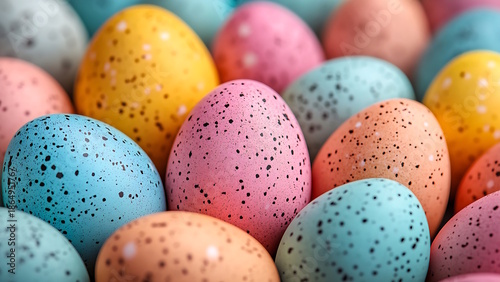 A close-up of colorful Easter eggs with polka dots in various pastel colors. These eggs are suitable for festive and decorative use in Easter celebrations.