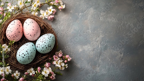This image features spotted eggs in a nest, surrounded by spring flowers, against a dark background, perfect for an Easter greeting card.