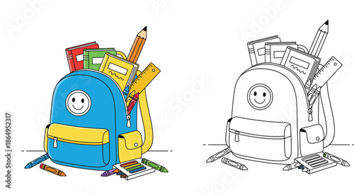 School Backpack with Educational Supplies and Coloring Page Version - Vector Illustration of Bag, Books, Pencils, Ruler and Crayons for Kids Education and Back to School Concept