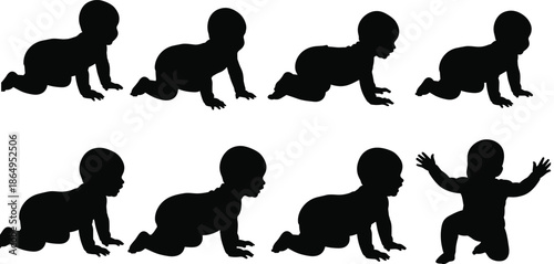 Set of baby silhouettes crawling and playing in various poses featuring infant developmental milestones for parenting childcare and early childhood designs