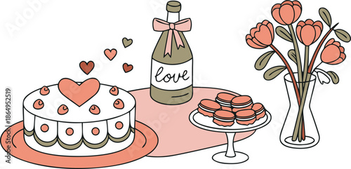 A delightful spread featuring a heart-adorned cake, macarons, and a bottle of bubbly, perfect for celebratory moments