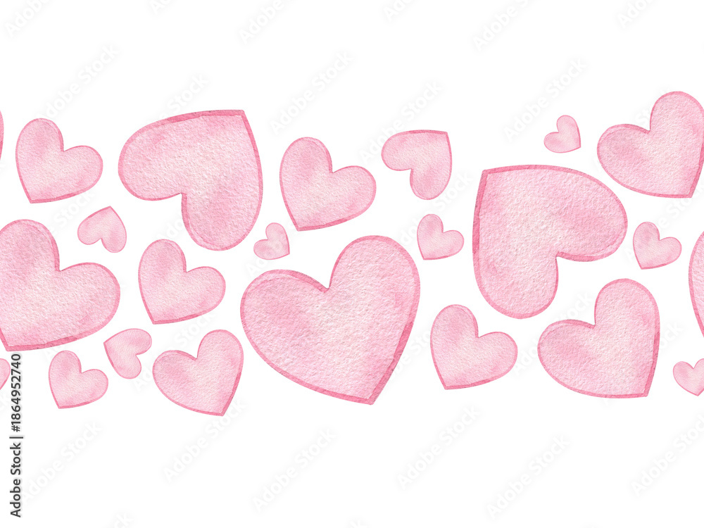 Fototapeta premium Watercolor seamless border with pink hearts. Cute horizontal banner for Valentine's Day. Festive design and frame. Ribbon, tape, scrapbooking. Valentine's Day, romantic design for girls.