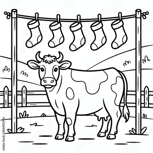 Cow standing under christmas stockings isolated on white background, Vector, illustration