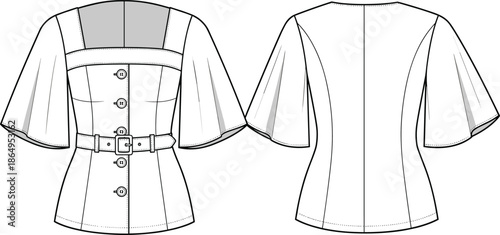 Technical fashion sketch of women's square neck flared sleeve buttoned blouse with belt, front and back view flat vector illustration,