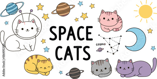 Cute space cats cartoon illustration with planets stars moon and funny kittens isolated on white background vector design