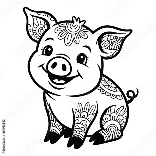 Adorable piglet with floral patterns isolated on white background, Vector, illustration