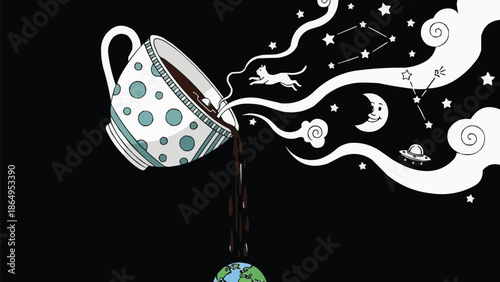 Giant Teacup Floating in Space Pouring Coffee Onto Tiny Earth with Surreal Steam Star Constellation Vector Illustration