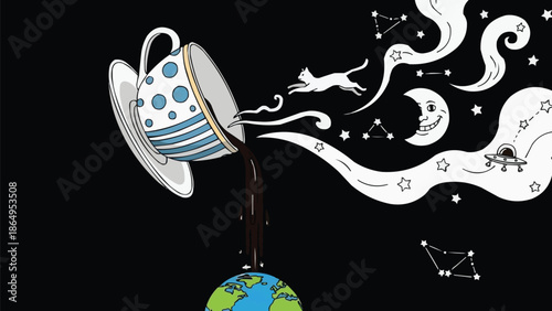 Giant Teacup Floating in Space Pouring Coffee Onto Tiny Earth with Surreal Steam Star Constellation Vector Illustration