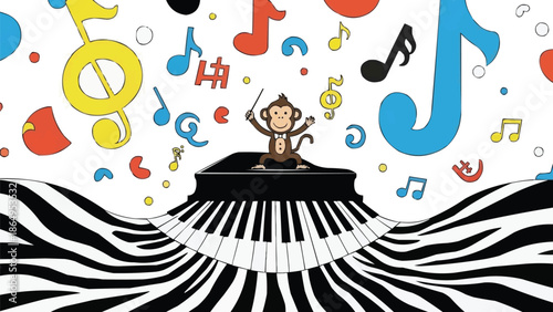 Surreal piano with keys transforming into zebra stripes, monkey conductor leading invisible orchestra, floating musical notes