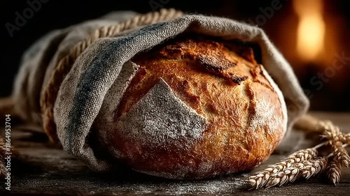 Freshly baked bread wrapped in cloth on rustic table