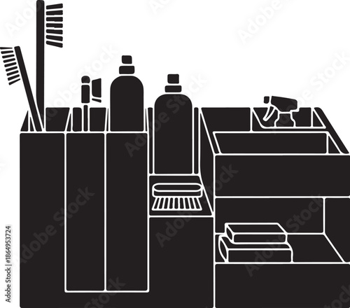 Bathroom countertop with toiletries and towels