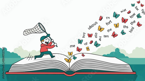 Open book with flying words transforming into butterflies, whimsical reader chasing literary imagination with a net, surreal storybook scene, creative reading illustration