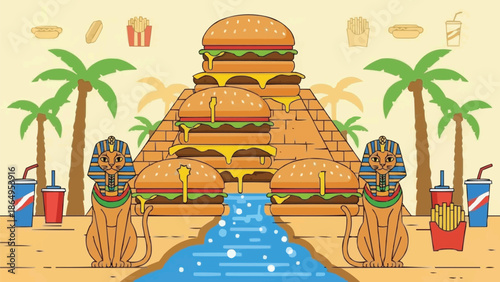 Pyramid of stacked cheeseburgers with ancient Egyptian cats guarding, surreal food architecture, vector illustration