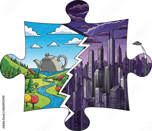 Puzzle piece portal revealing two clashing worlds, surreal mismatched dimensions, exaggerated scale fantasy illustration