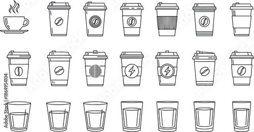 Coffee cup and takeaway mug line icons set showing hot beverages disposable cups glass tumblers minimal outline vector illustration