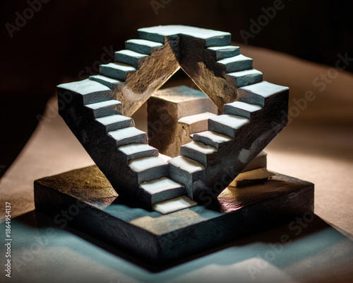 A three-dimensional optical illusion sculpture featuring a house made of staircases that appear to defy gravity and perspective, creating an intriguing visual paradox
