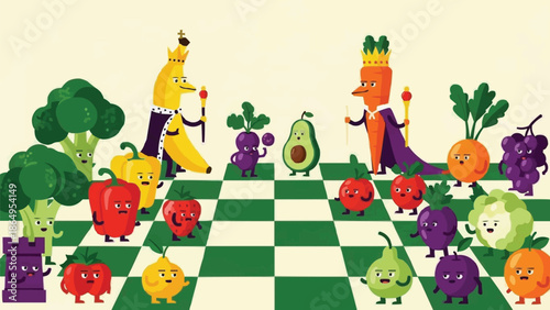 Fruit and Vegetable Chessboard Illustration, Banana King vs Carrot Queen Playing Strategy Game, Humorous Cartoon Chess Concept, Colorful Vector Design