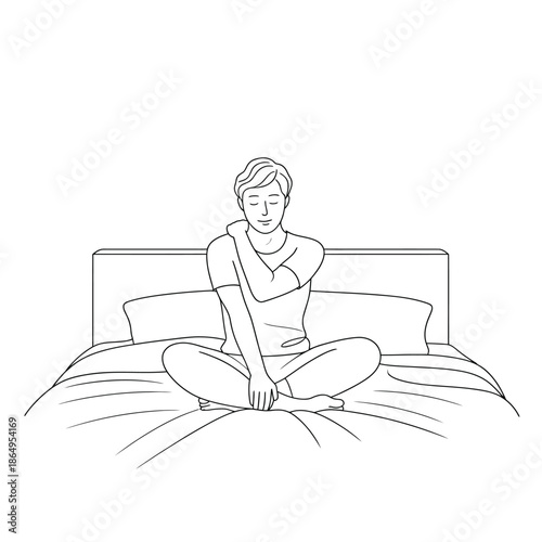 Person sitting on bed isolated on white background, Vector, illustration