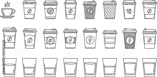 Coffee cup and takeaway mug outline icons set showing hot drinks disposable cups glass tumblers modern line vector illustration