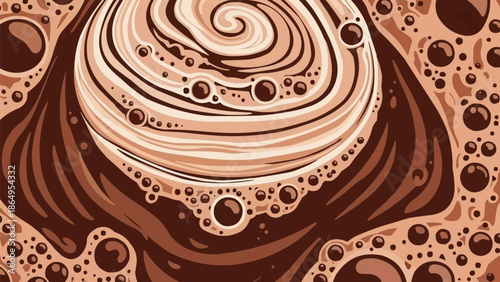 Macro close-up of bubbling hot chocolate surface with creamy layered foam patterns, realistic cocoa texture and rich aroma