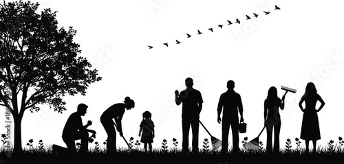 Community gardening silhouettes showing people planting raking and caring for plants outdoors with tree birds teamwork nature black vector illustration