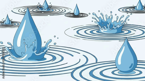 Oversized raindrops splashing into rippled puddles with concentric circle patterns, wet texture and realistic water surface vector illustration