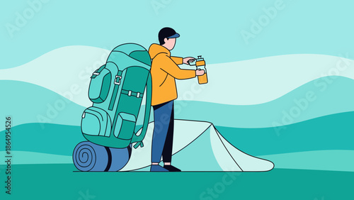 Solo Adventure Backpacker Resting Near Tent Refreshing Water Bottles At Campsite