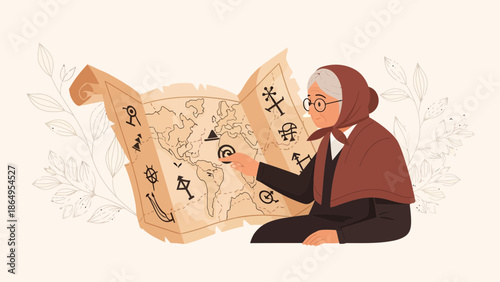 Senior Woman Points Location On Ancient Map Seeking Adventure Discoveries