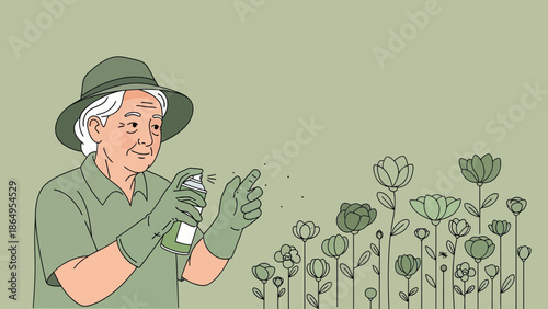 Senior Woman Protecting Her Garden From Pests With Insecticide Spray