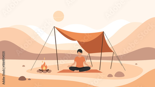 Solitude Meditation At Campsite In The Wild Landscape Scenery With Bonfire