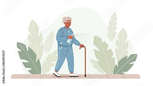 Senior Woman Spraying Antiseptic to Protect Against Germs While Walking Outdoors