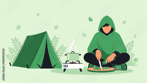Solo Camper Preparing Meal Outdoors In A Tent On Summer Vacation