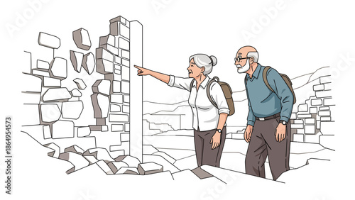 Seniors Exploring Ancient Ruins On Holiday Trip Discovering History Together