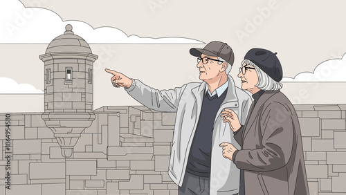 Seniors Exploring Old Town Visiting Landmark During Retirement Travel Journey