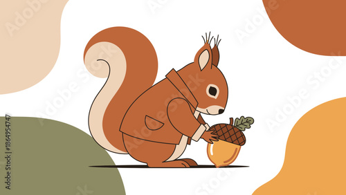 Squirrel Enjoying The Autumn With An Acorn In A Stylized Flat Illustration