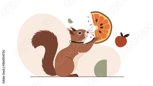 Squirrel Enjoying A Juicy Orange Slice In A Modern Illustrated Design